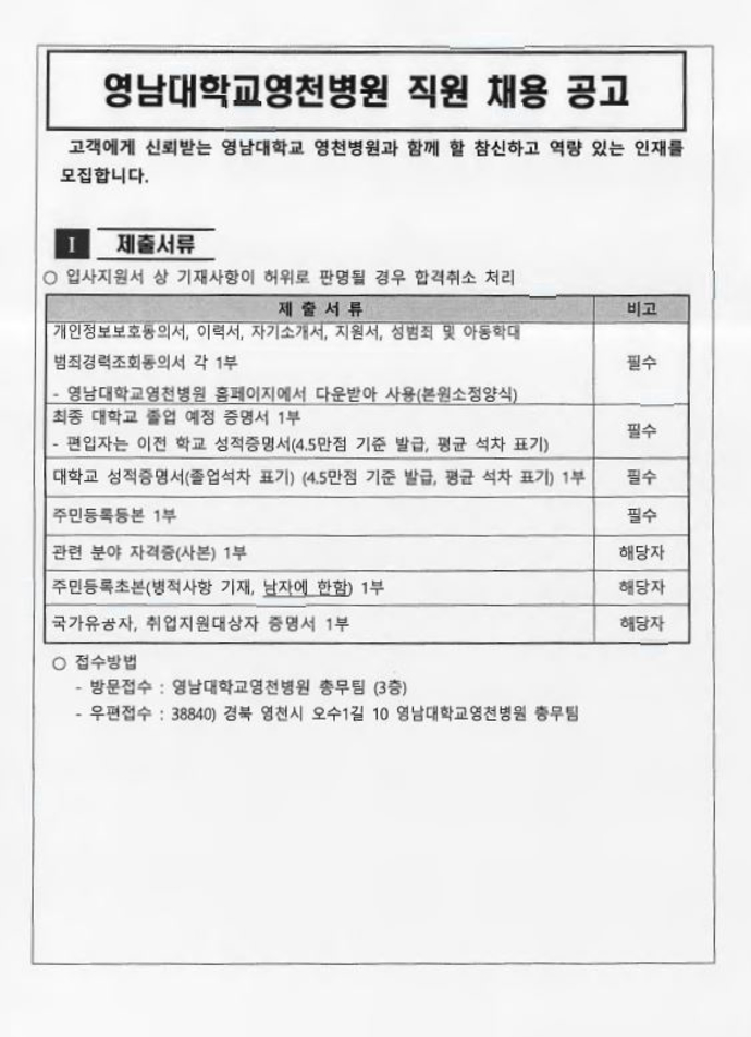 2022년 영남대학교영천병원 직원 채용 공고